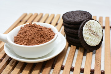  Chocolate and cream cookies on wooden backgrounds