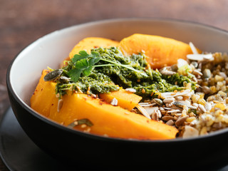 Roasted Squash, Seeded Herbed Freekeh and Zhoug