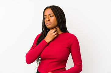 Young african american woman isolated suffers pain in throat due a virus or infection.