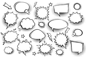 Obraz premium Collection of empty comic speech bubbles with halftone shadows. Hand drawn retro cartoon stickers. Pop art style. Vector illustration.