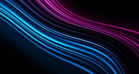 Dark background, blue and pink neon lines. Symmetric reflection of geometric shapes.