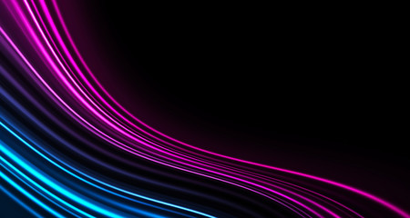 Dark background, blue and pink neon lines. Symmetric reflection of geometric shapes.