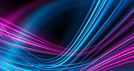 Dark background, blue and pink neon lines. Symmetric reflection of geometric shapes.