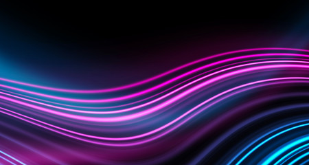 Dark background, blue and pink neon lines. Symmetric reflection of geometric shapes.