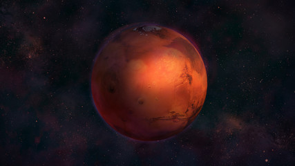 Planet Mars from space with a view of Tharsis Montes