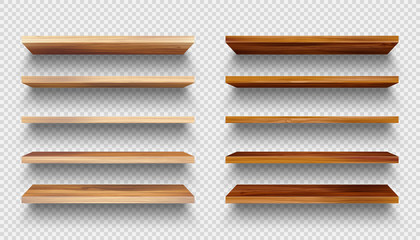Realistic empty wooden store shelves set. Product shelf with wood texture. Grocery wall rack. Vector illustration. © 32 pixels