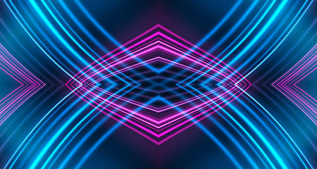 Dark background, blue and pink neon lines. Symmetric reflection of geometric shapes.