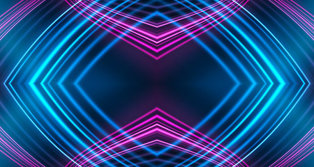 Dark background, blue and pink neon lines. Symmetric reflection of geometric shapes.