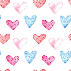 Seamless pattern, multicolored hearts, watercolor, white background