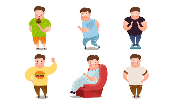 Overweight boys doing everyday things vector illustration
