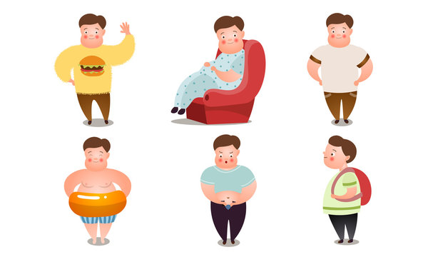 Big overweight boys doing everyday things vector illustration