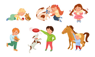 Boys and girls petting and playing with animals vector illustration