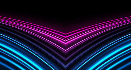 Dark background, blue and pink neon lines. Symmetric reflection of geometric shapes.