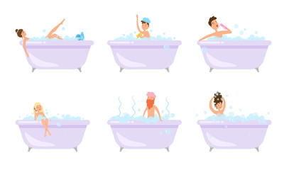 Happy men and women taking bath and relaxing vector illustration