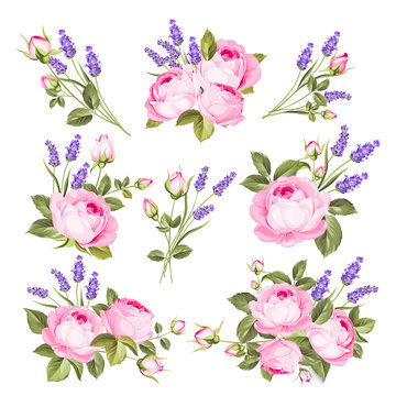 Vector Set Of Blooming Flowers. Spring, Summer Wedding Romantic Elegant Date Marriage Symbol. Rose And Lavender Garland, Bouquet For Your Template, Design Of Invitation Card. Vintage Illustration.