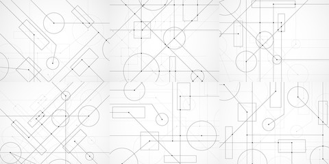 Set of abstract backgrounds with engineering drawing. Technological wallpaper made with circles and lines. Geometric design. Vector Illustration