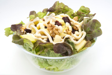Waldorf salad apple, nuts raisins, lettuce and mayonnaise