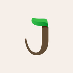 Ecology J serif letter logo with green leaf.
