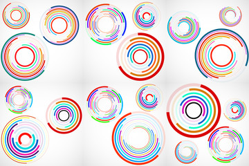 Set of abstract backgrounds of colorful circles with lines, technology backdrop, geometric shapes. Vector Illustration