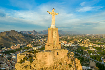 Monteagudo medieval castle ruin twelve rectangular towers circling the hilltop and the sacred heart...