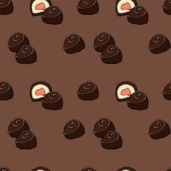 Chocolate candies seamless pattern on brown background with sweet food desserts. Vector confectionery treats and snacks design.