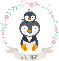Stay happy flower wreath with mother and baby penguin
