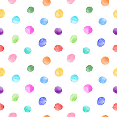 Bunte Aquarelle runde Doodle-Spots, ungleichmäßige Polka Dots nahtloses Vektormuster. Kreisförmige Pinselstriche, Flecken, Flecken, Aquarell schmiert Hintergrund. Handgezeichnete mehrfarbige gemalte Textur.