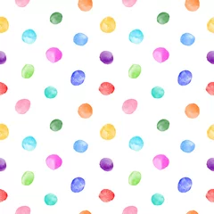 Foto op Plexiglas Polka dot Kleurrijke aquarel ronde doodle vlekken, ongelijke polka dots naadloze vector patroon. Cirkelvorm penseelstreken, vlekken, vegen, aquarel uitstrijkjes achtergrond. Hand getekende veelkleurige geschilderde textuur.