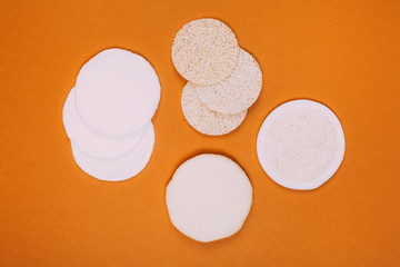 Zero waste sponge. Concept of eco friendly supplies for self-care. Flat lay style.