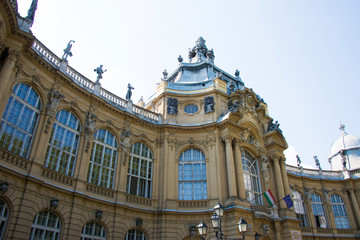 Fototapeta na wymiar Budapest, capital city of Hungary. Tourist photo of Castle architecture and blue cloudy sky