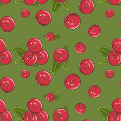 Seamless pattern with cranberries on a green background in vintage style