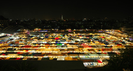  Bangkok, Thailand-January 24, 2020: Panoramic view of Ratchada Train Night Market in Bangkok 