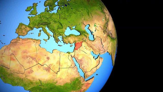 Closing in on Syria on political 3D globe with topography. 3D illustration.