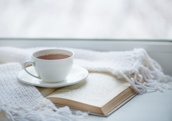 Warm knitted scarf, a cup of hot tea and a book