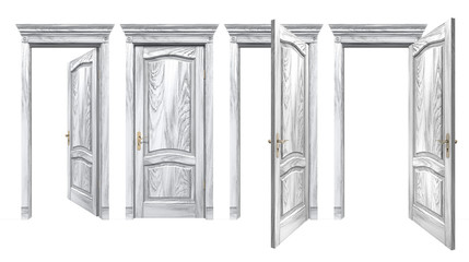 Open and closed gray doors with arched panels, cornice, columns. Old wooden doorways with vintage texture trim, isolated on white. High resolution 3D rendering with copy space
