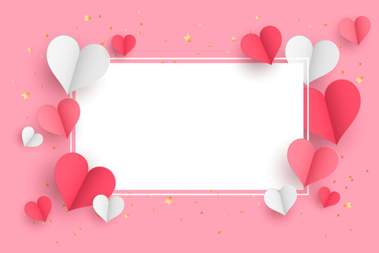 Valentine S Day Concept Background. 3d Red And Pink Paper Hearts With White Square Frame. Cute Love Sale Banner Or Greeting Card