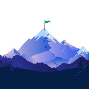 Summit with green flag. View of a majestic mountain with trail leading to the top with a flagpole. Metaphor for the patch to success. Motivation, overcome challenge, reach your goal concept. Vector.
