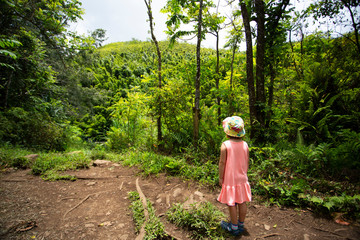 Young girl in a pink dress standing outside looking out over a bamboo forest