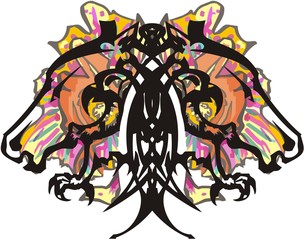 Colorful ethnic butterfly. Tribal butterfly wings formed by horse and eagle heads with floral splashes