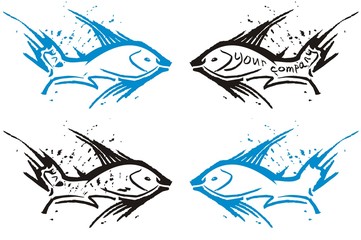Fish emblem in grunge style - four options. Fish symbols for your company, or as a decorative element. Blue and black on white background