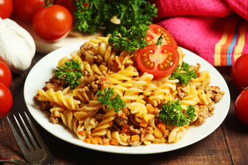 Fusilli pasta with meat and vegetables	