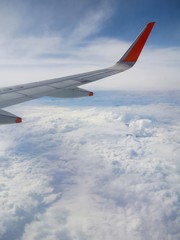 wing of airplane flying above clouds