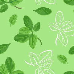 Marjoram leaves seamless pattern. Vector cartoon color illustration of green herbs on green background. White outline.