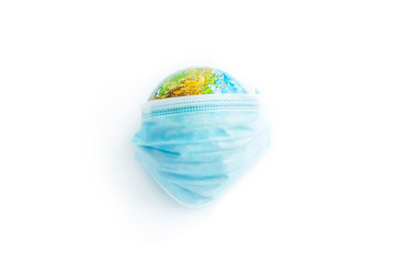 Earth planet in protective medical mask Isolated on white background. Novel rapidly spreading Coronavirus, 2019-nCoV pandemic.