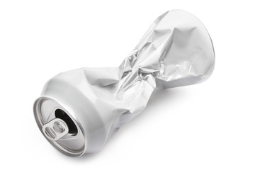 Crumpled empty white can, isolated on white background