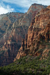 Fototapeta premium red stone cliffs in the mountains of Zion national park with a wide-angle perspective