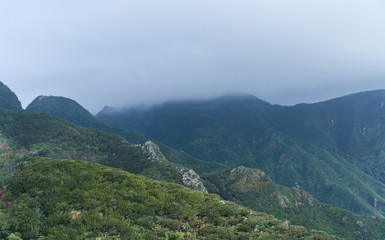 Beautiful green mountains in Anaga biosphere reserve with cloudy sky in the north of Tenerife, Canary islands, Spain