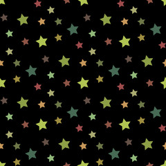 Seamless pattern with light and dark green and brown stars on black background for plaid, fabric, textile, clothes, cards, post cards, scrapbooking paper, tablecloth and other things. Vector image.