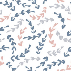 Fototapeta premium Floral vector seamless pattern in pastel colors on a white background. Hand drawn simple doodle illustration. Ideal for textiles, wallpaper, packaging, etc.