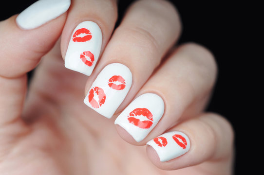 White Manicure On St Valentine S Day With Red Lips Pattern